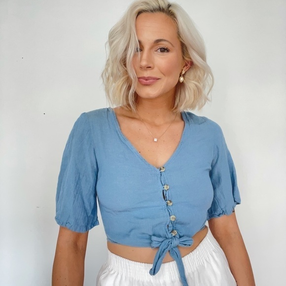 💫 Japna Drop Sleeve Button Down Front Tie Cropped Blouse - Picture 1 of 4